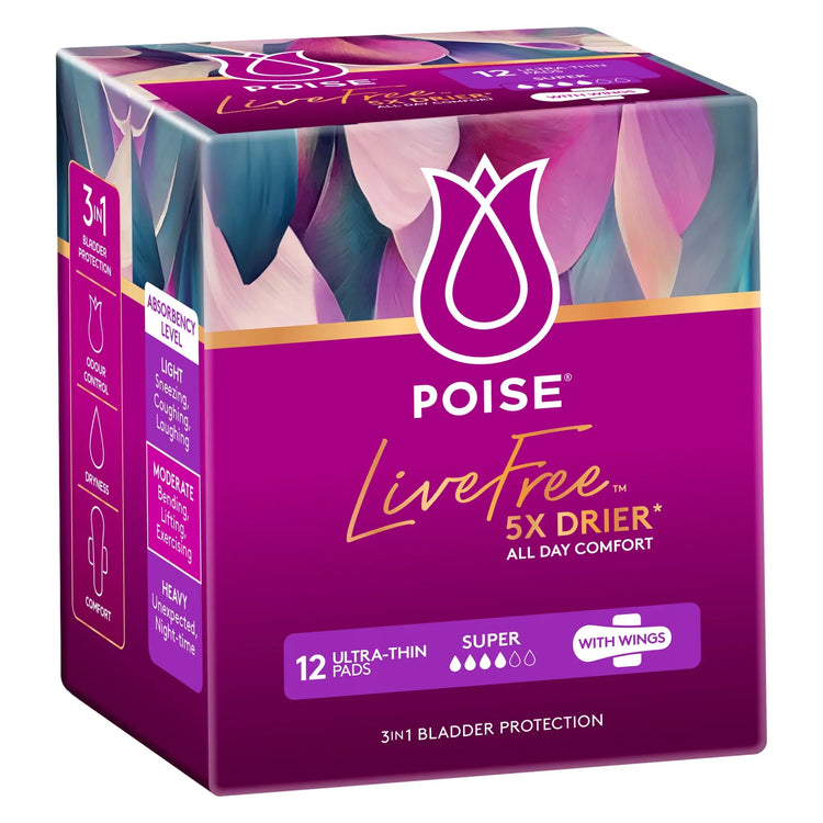 Poise LiveFree Super pads no wings 12 pack for heavy bladder protection