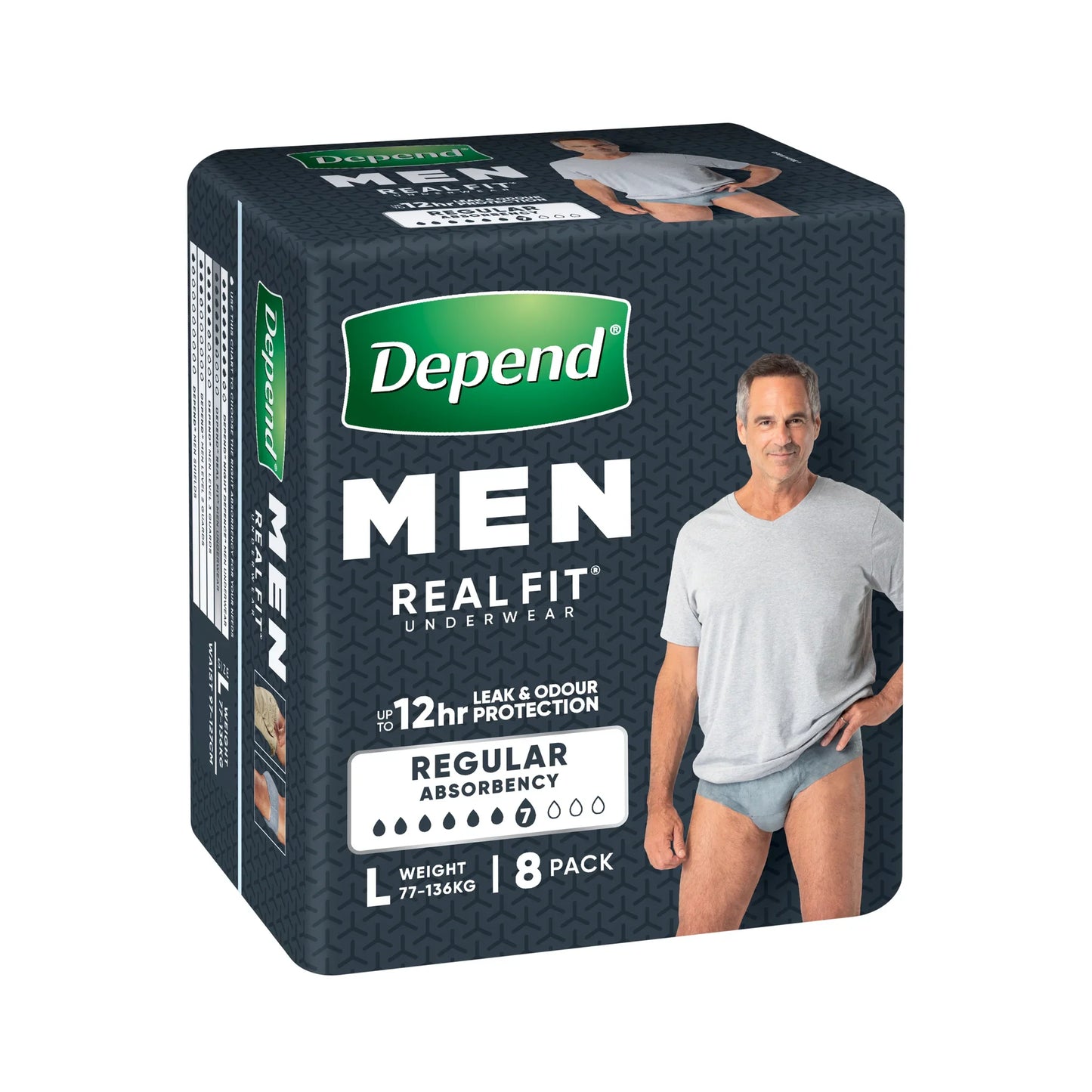 Depend Men Real Fit underwear L 8 pack dark grey package front view