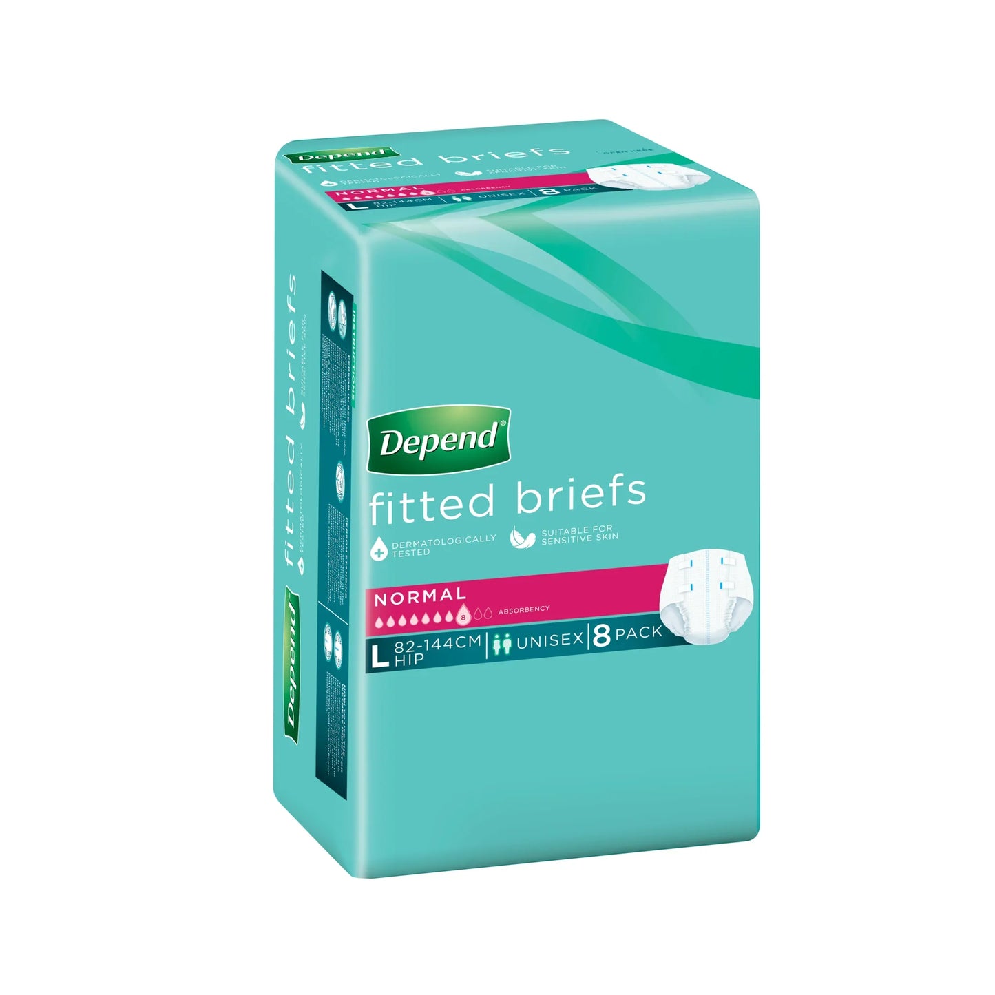 Depend Fitted Briefs L 8 pack turquoise package front view
