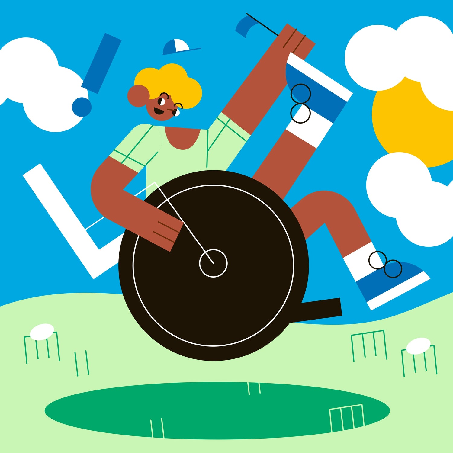 Illustration of a person in a wheelchair playing golf with a blue sky and clouds in the background.